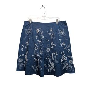 Ann Taylor 14 Blue White Embroidered Floral ALine Skirt Teacher Work Outfit Boho
